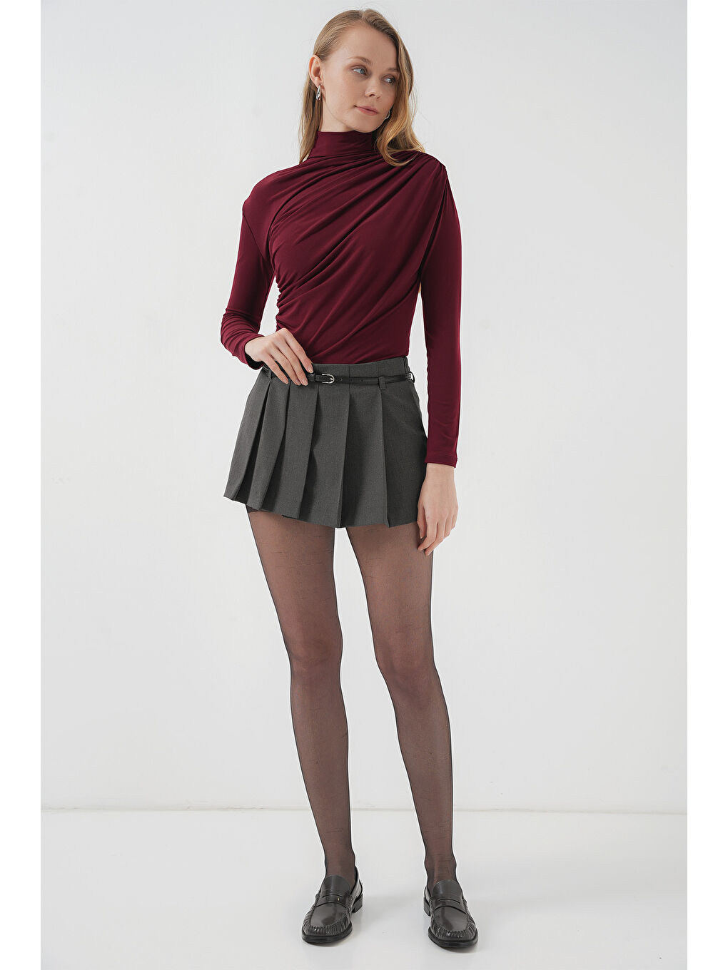 925 Büzgü Detaylı Sandy Bluz - Bordo-1