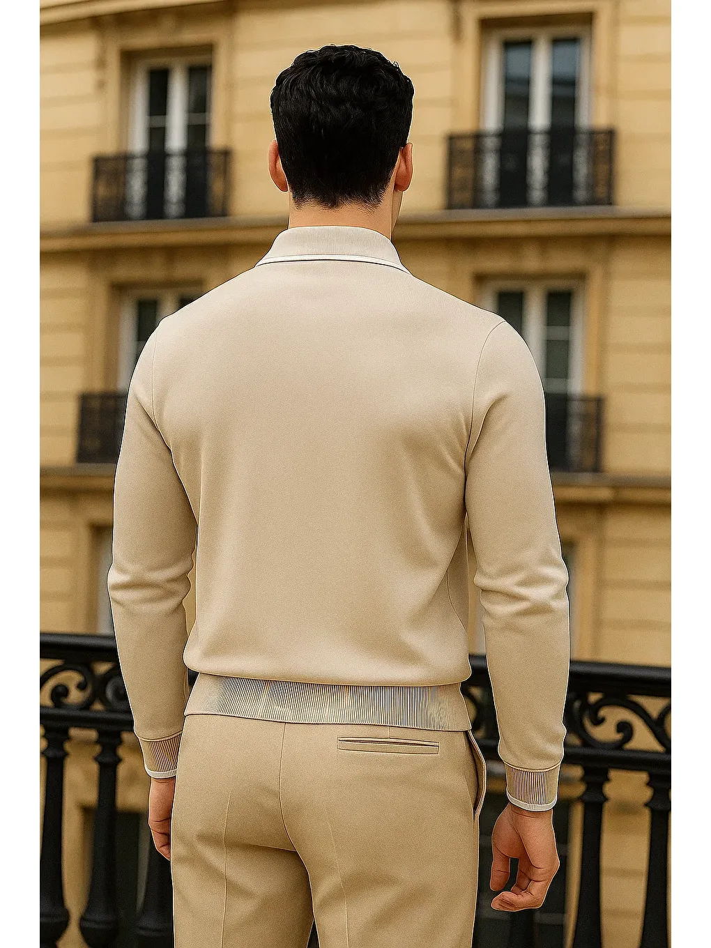 Erkek Trend Fermuarlı Bej Uzun Kollu Polo Yaka Tişört-4