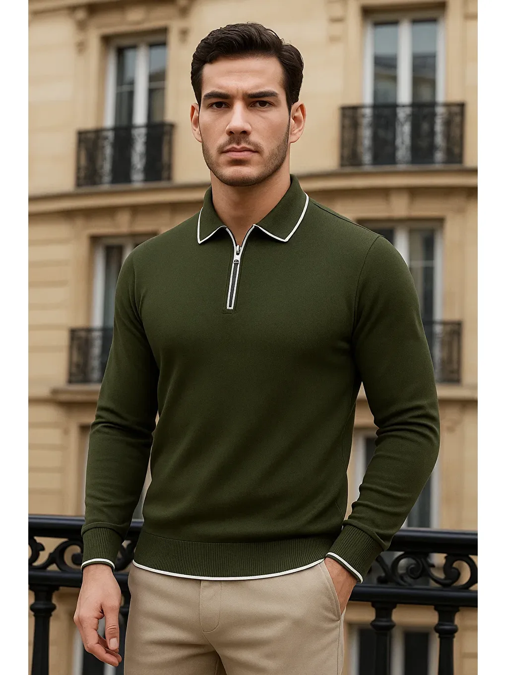 Erkek Trend Fermuarlı Haki Uzun Kollu Polo Yaka Tişört-1