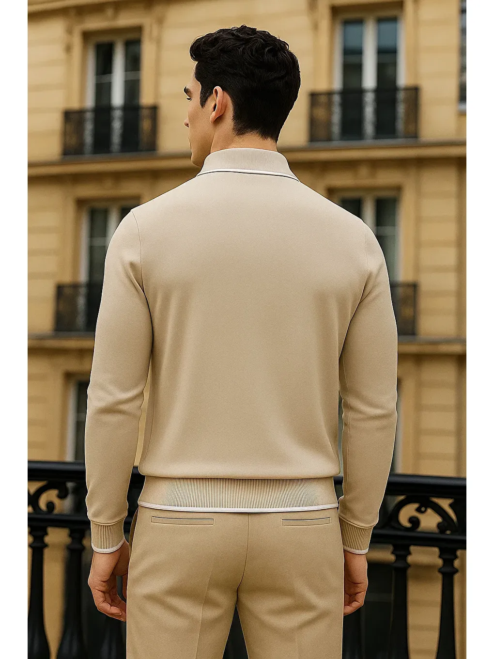 Erkek Trend Fermuarlı Bej Uzun Kollu Polo Yaka Tişört-5