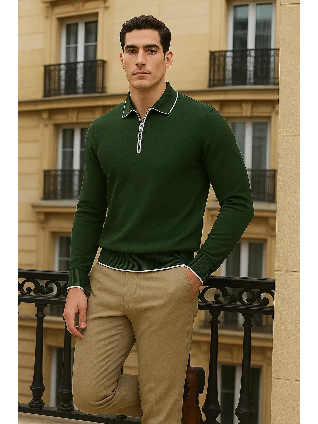 Erkek Trend Fermuarlı Haki Uzun Kollu Polo Yaka Tişört-2