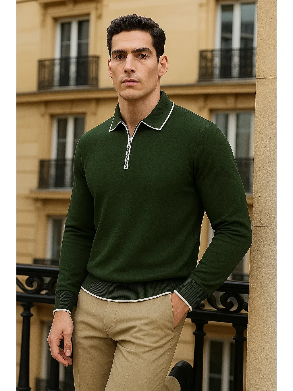 Erkek Trend Fermuarlı Haki Uzun Kollu Polo Yaka Tişört-3