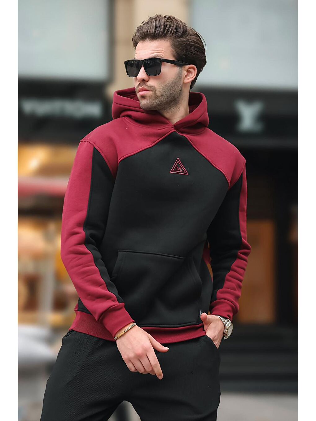 Madmext Bordo Kapüşonlu Cep Detaylı Nakışlı Sweatshirt E7085