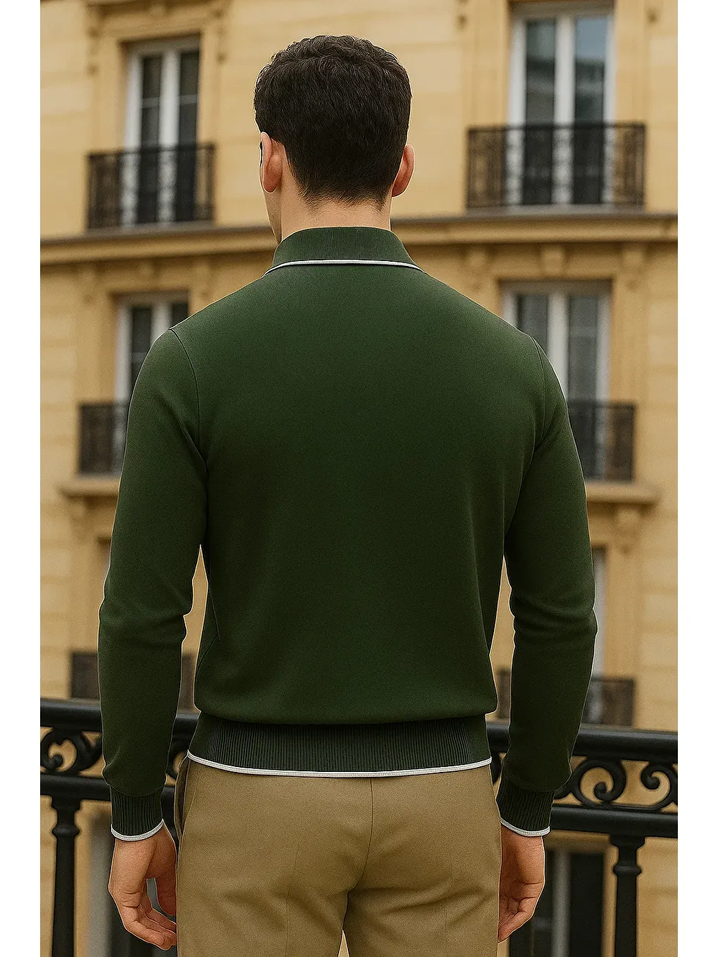 Erkek Trend Fermuarlı Haki Uzun Kollu Polo Yaka Tişört-4