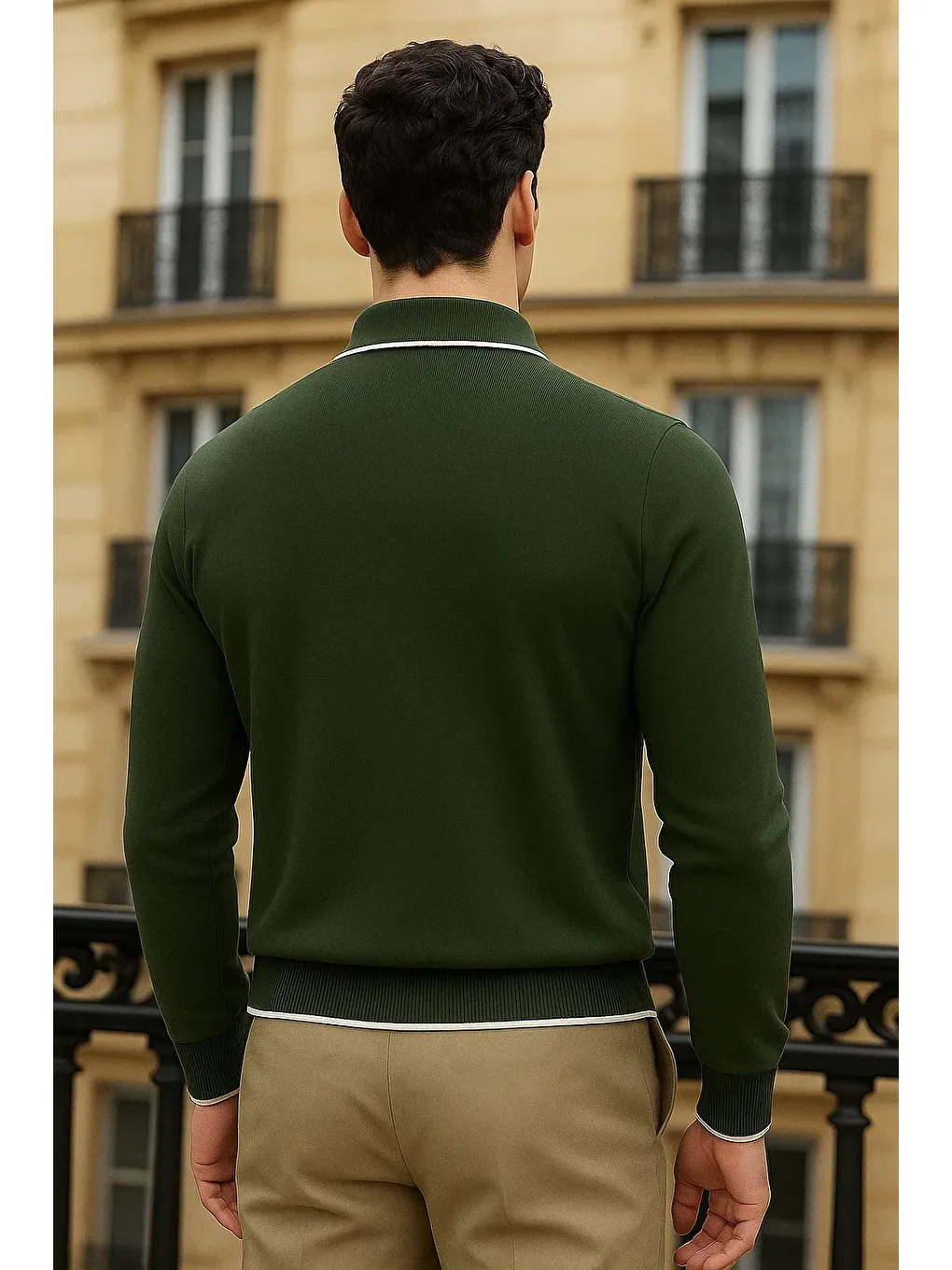 Erkek Trend Fermuarlı Haki Uzun Kollu Polo Yaka Tişört-5