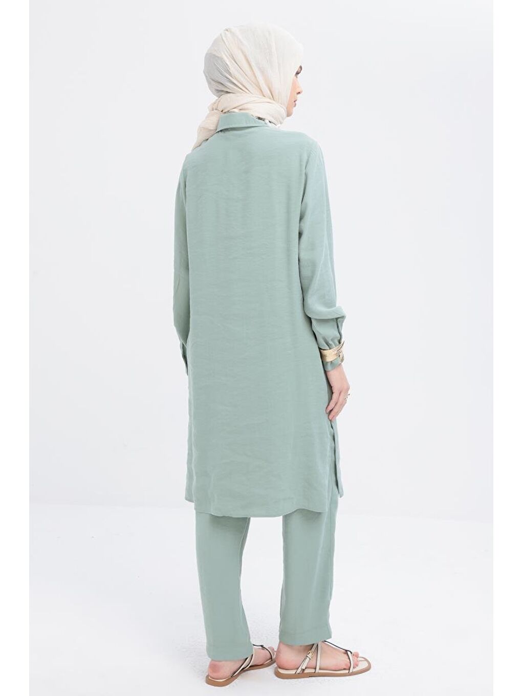 Yeşil Mint-Nervürlü Yırtmaçlı Modal Pantolonlu Takım-2