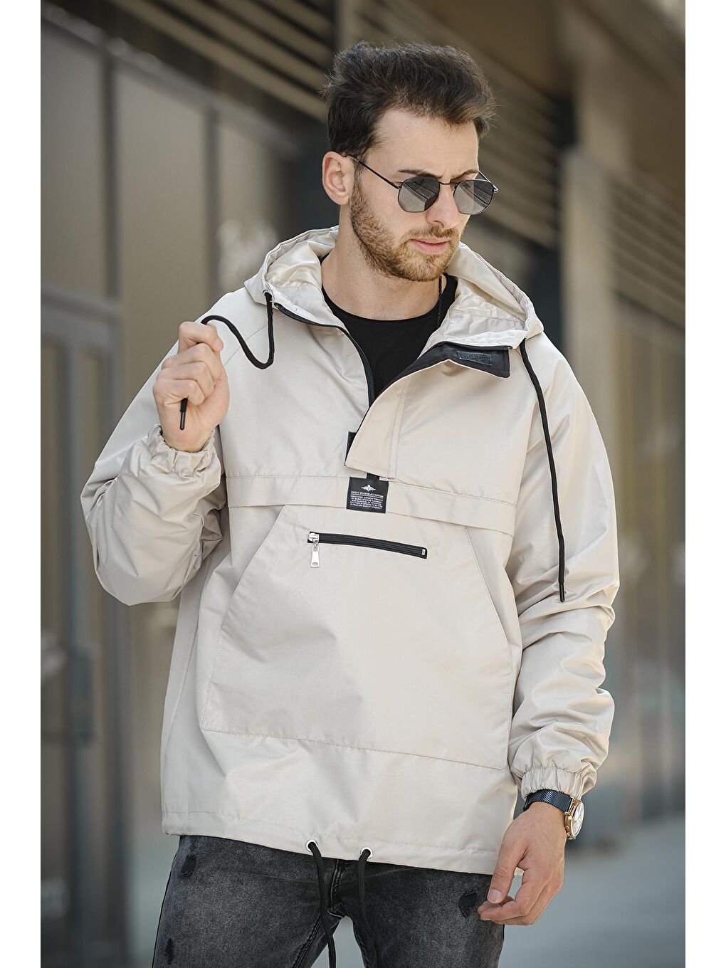 Bej Hilti Cepli Yarım Fermuarlı Astarlı Suya Dayanıklı Erkek Yağmurluk