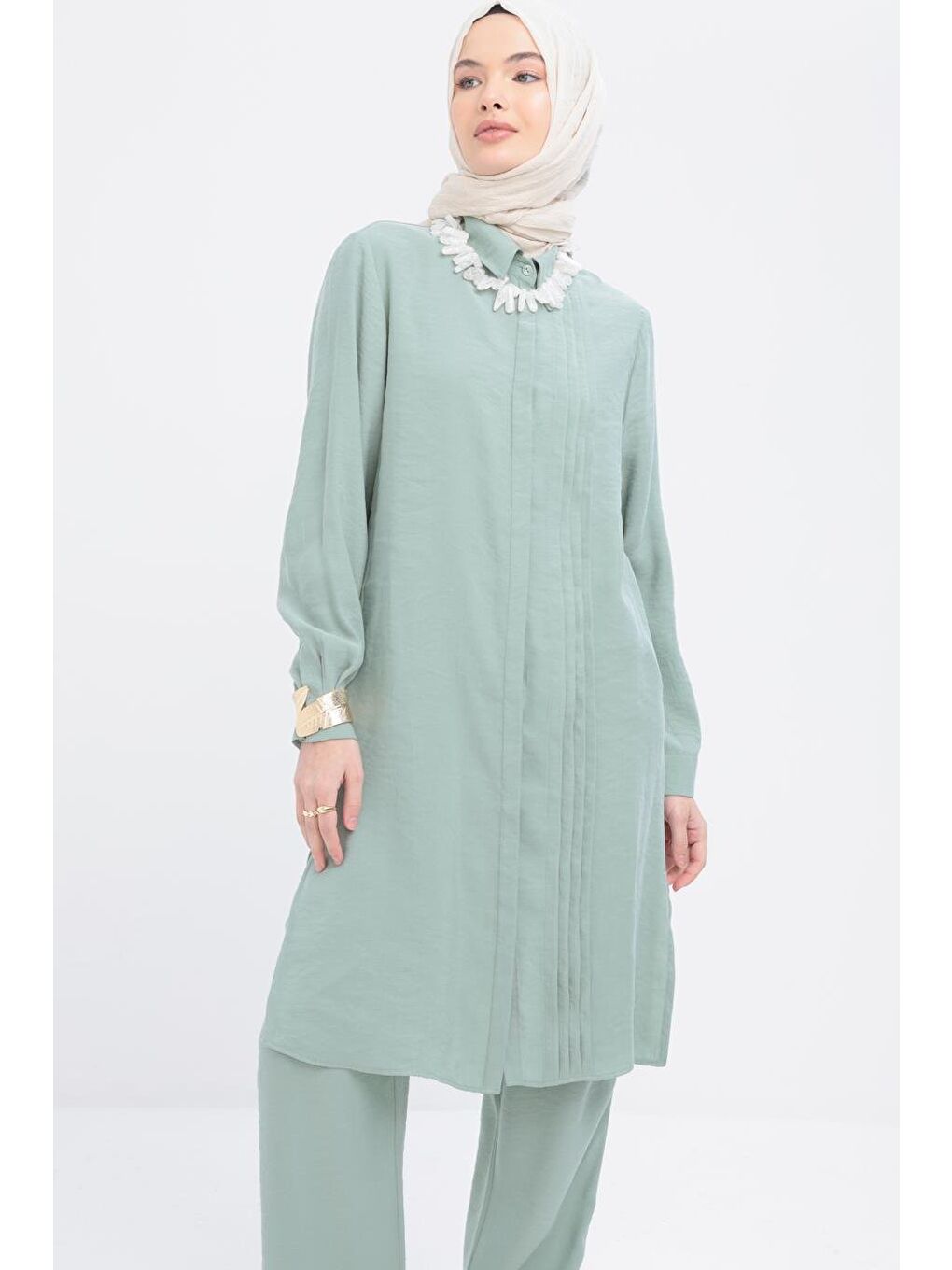 Yeşil Mint-Nervürlü Yırtmaçlı Modal Pantolonlu Takım-4