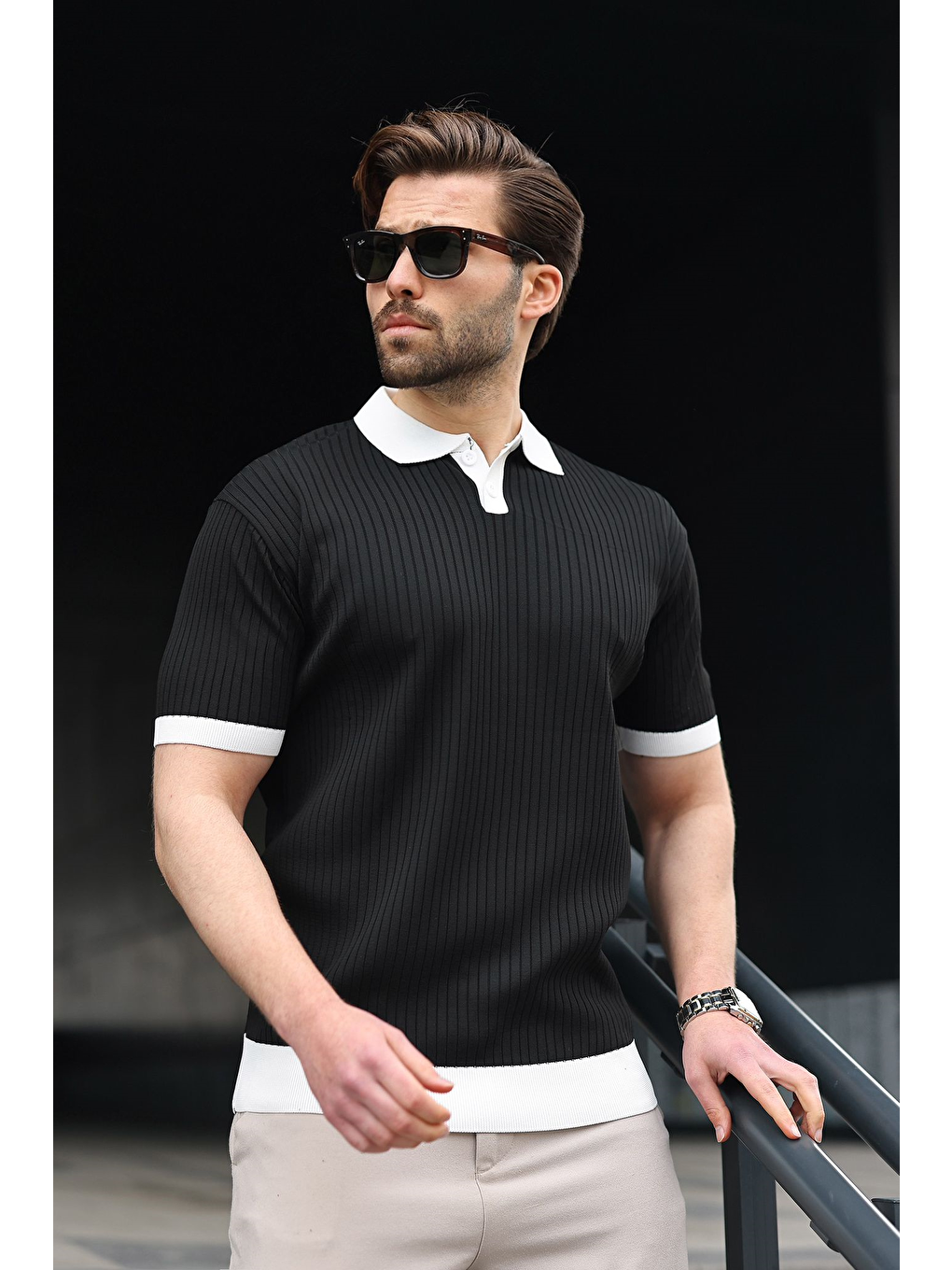 Siyah Polo Yaka Triko Erkek Tişört E7471-1