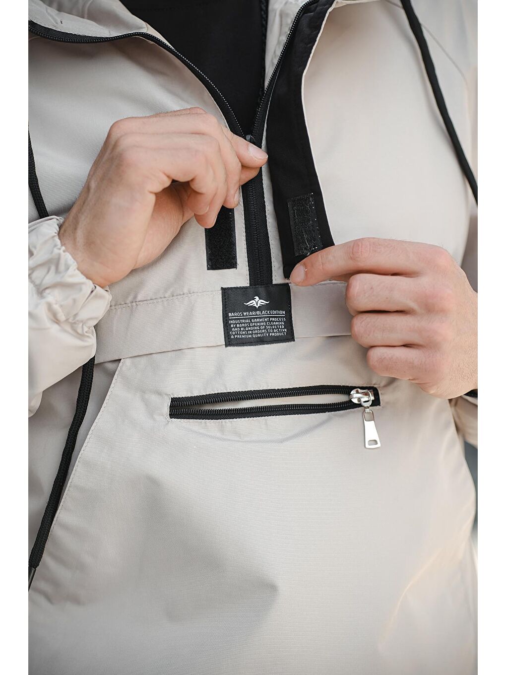 Bej Hilti Cepli Yarım Fermuarlı Astarlı Suya Dayanıklı Erkek Yağmurluk-1