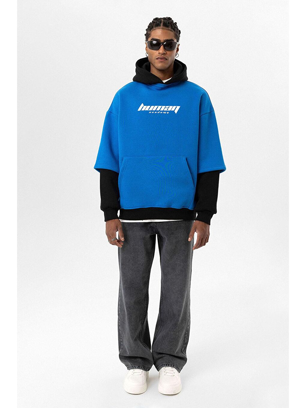 Baskılı Çift Kol Detaylı Oversize Hoodie Turkuaz