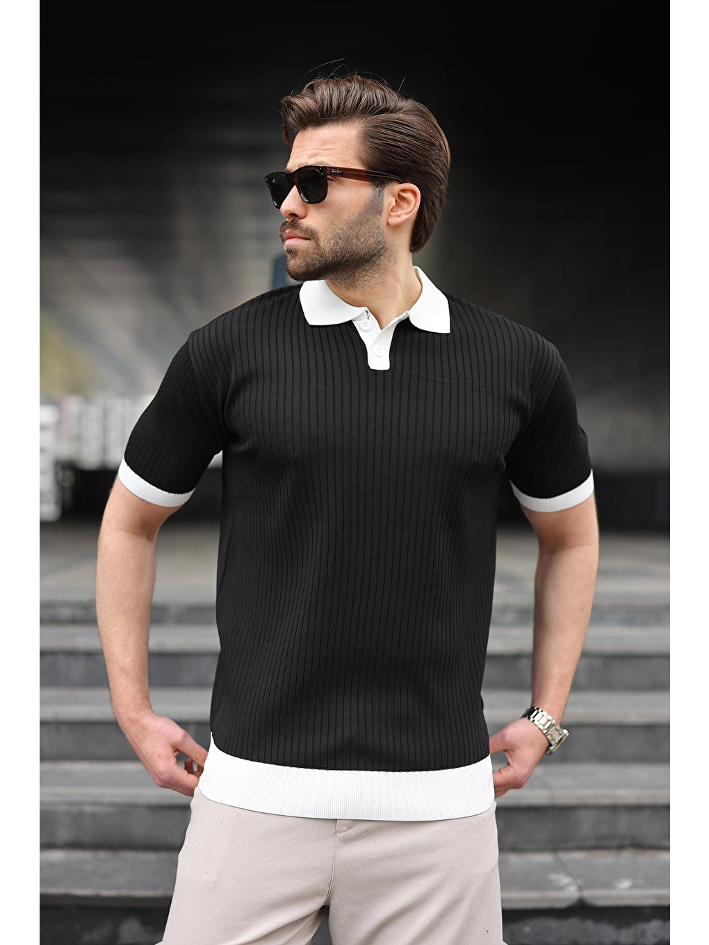 Siyah Polo Yaka Triko Erkek Tişört E7471-2