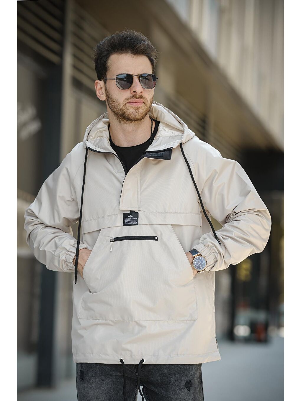 Bej Hilti Cepli Yarım Fermuarlı Astarlı Suya Dayanıklı Erkek Yağmurluk-2