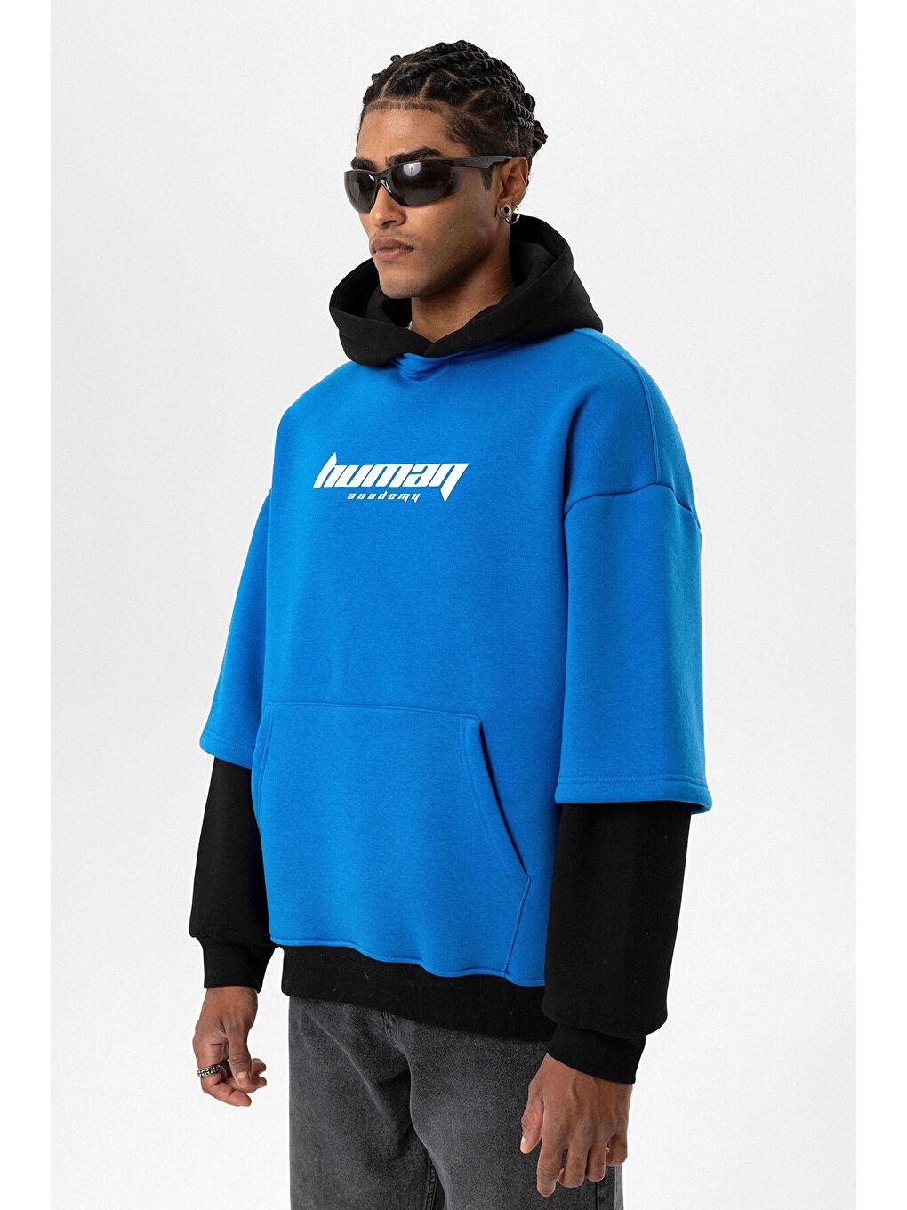 Baskılı Çift Kol Detaylı Oversize Hoodie Turkuaz-3