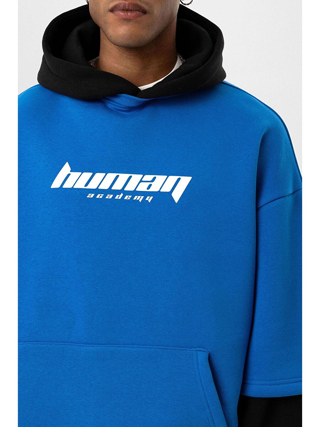 Baskılı Çift Kol Detaylı Oversize Hoodie Turkuaz-4
