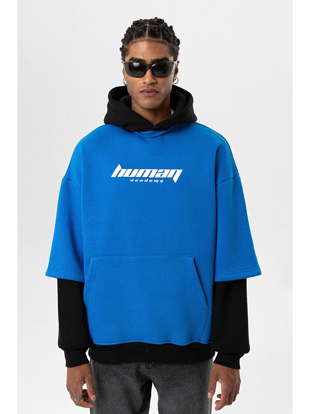 Baskılı Çift Kol Detaylı Oversize Hoodie Turkuaz-7
