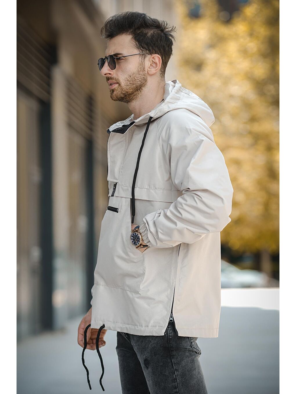 Bej Hilti Cepli Yarım Fermuarlı Astarlı Suya Dayanıklı Erkek Yağmurluk-3