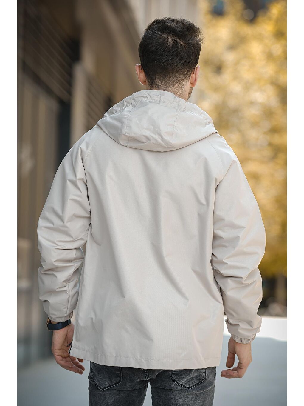 Bej Hilti Cepli Yarım Fermuarlı Astarlı Suya Dayanıklı Erkek Yağmurluk-4