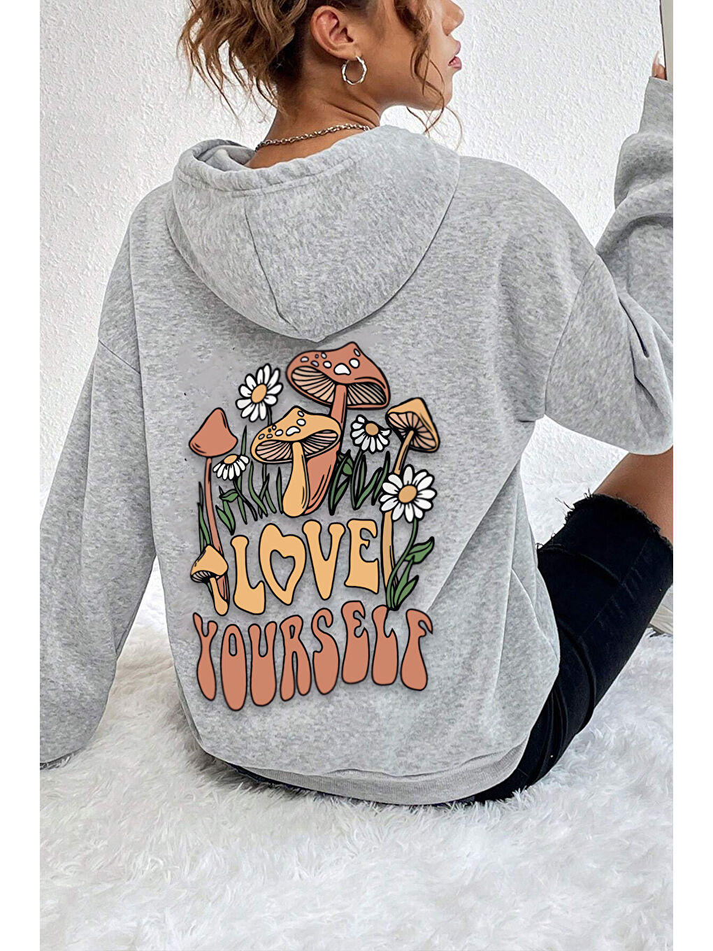 uyguntarz Gri Unisex Oversize Love Yourself Baskılı Sweatshirt