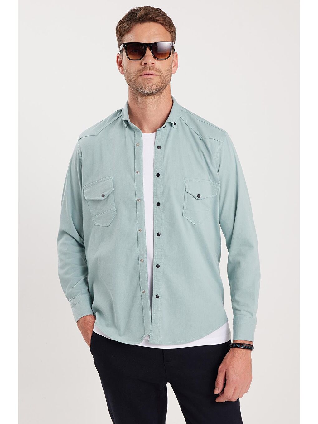 Yeşil Erkek Regular Fit Rahat Kesim Çift Cepli Spor Yaka Denim Mint Gömlek-3