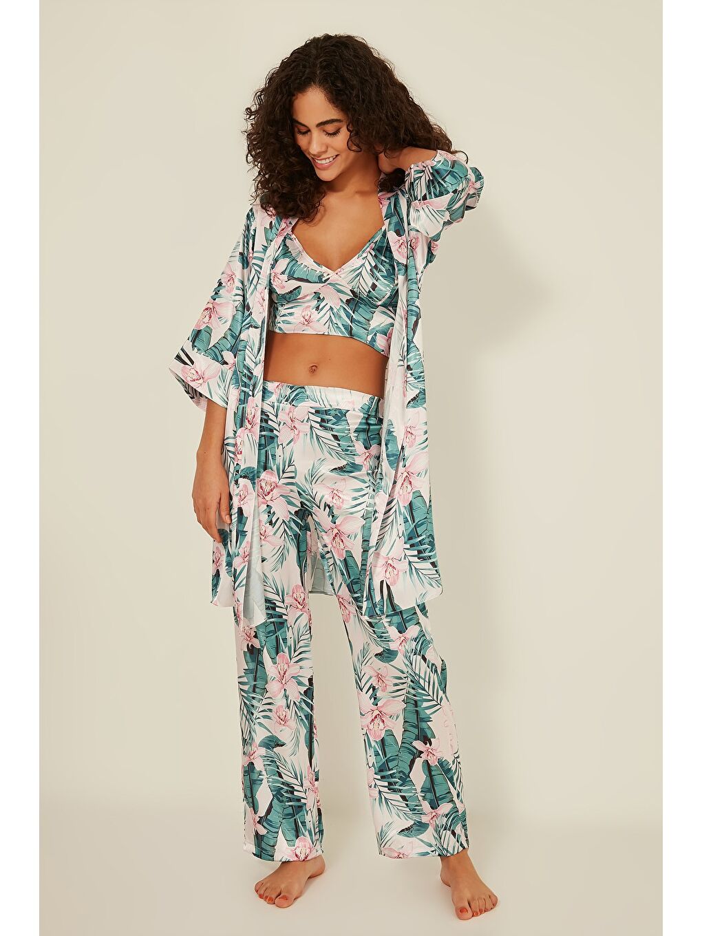 Lila 045 Kadın Desenli 3 Lü Saten Pijama Takım Ekru/Yeşil-1