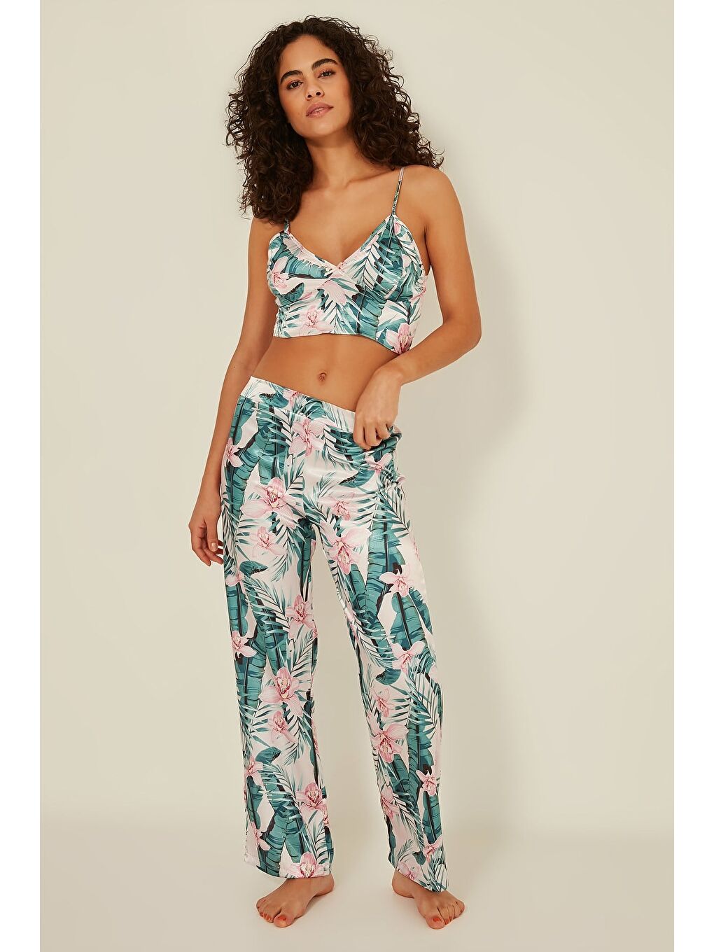 Lila 045 Kadın Desenli 3 Lü Saten Pijama Takım Ekru/Yeşil-2