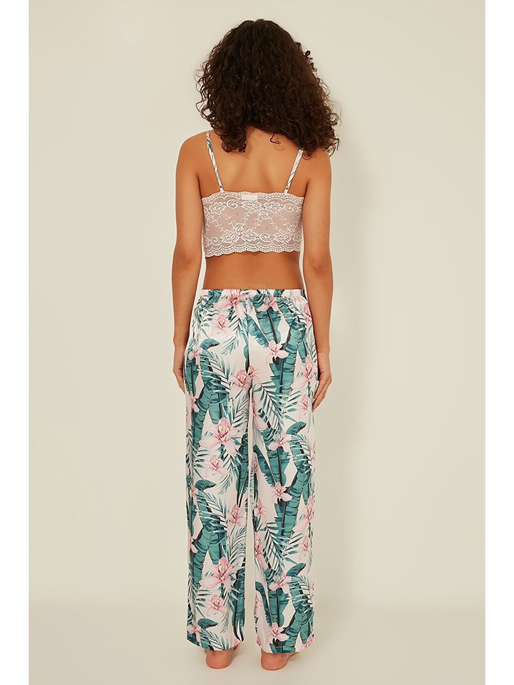 Lila 045 Kadın Desenli 3 Lü Saten Pijama Takım Ekru/Yeşil-3