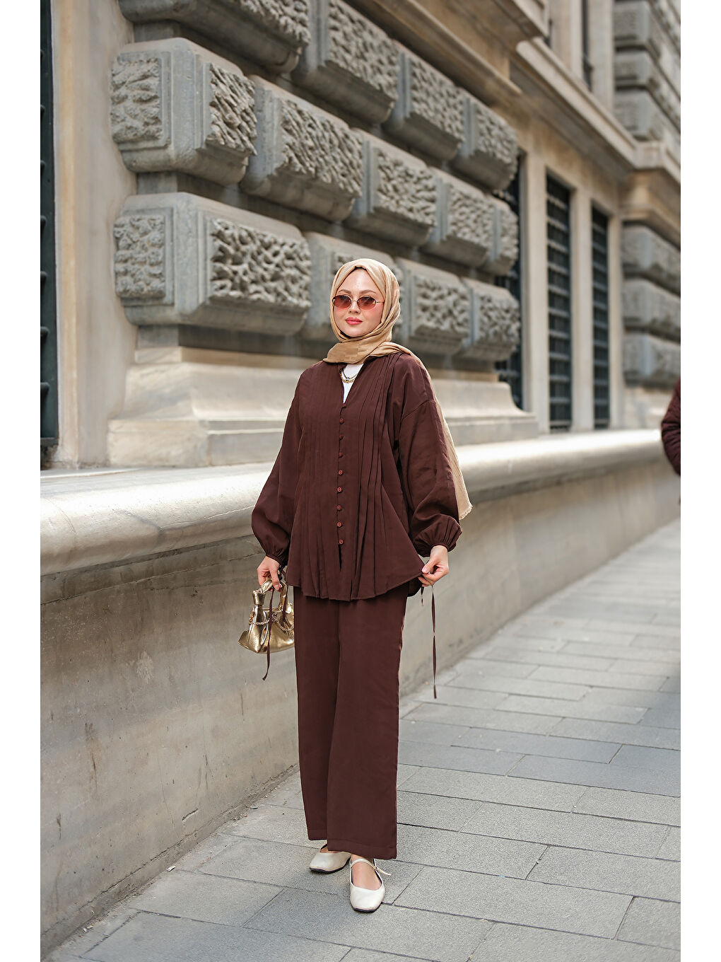 Kadın Süs Dikişli Büzgülü Takım Kahverengi-1