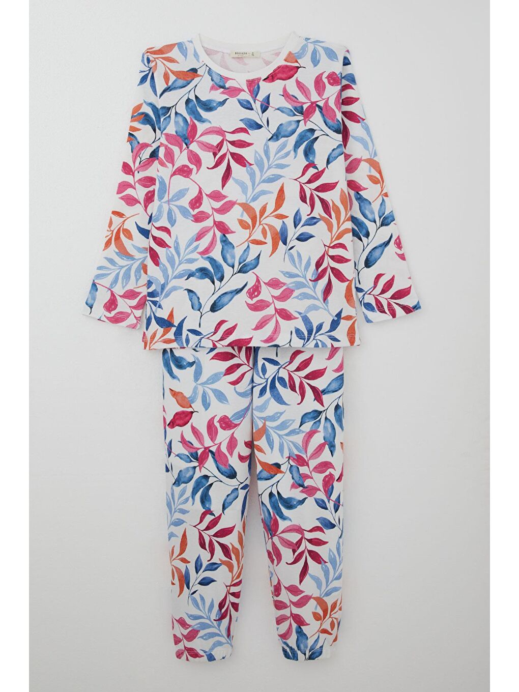 Kız Çocuk Pijama Takımı Renkli Yaprak Desenli Beyaz (10-11 Yaş)