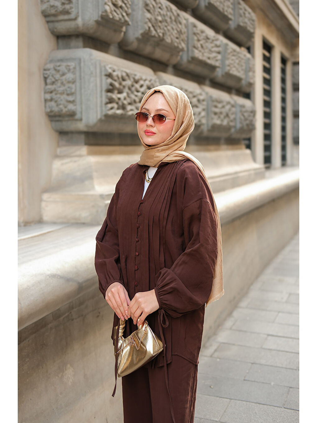 Kadın Süs Dikişli Büzgülü Takım Kahverengi-2