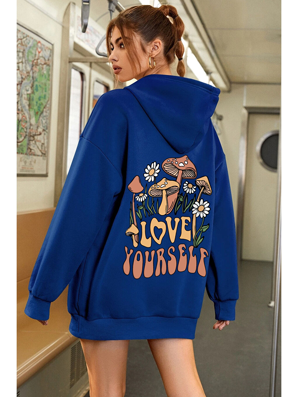 uyguntarz Mavi Unisex Oversize Love Yourself Baskılı Sweatshirt