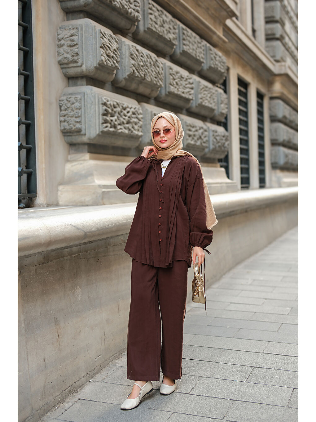 Kadın Süs Dikişli Büzgülü Takım Kahverengi-3