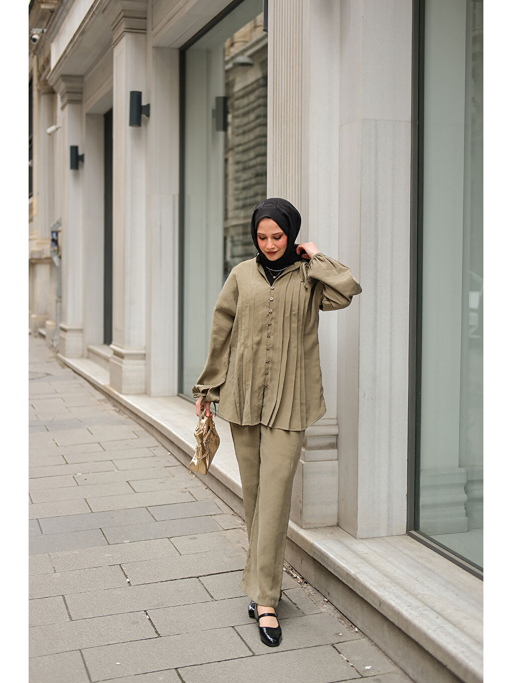 Locco Moda Kadın Süs Dikişli Büzgülü Takım Küf Yeşil