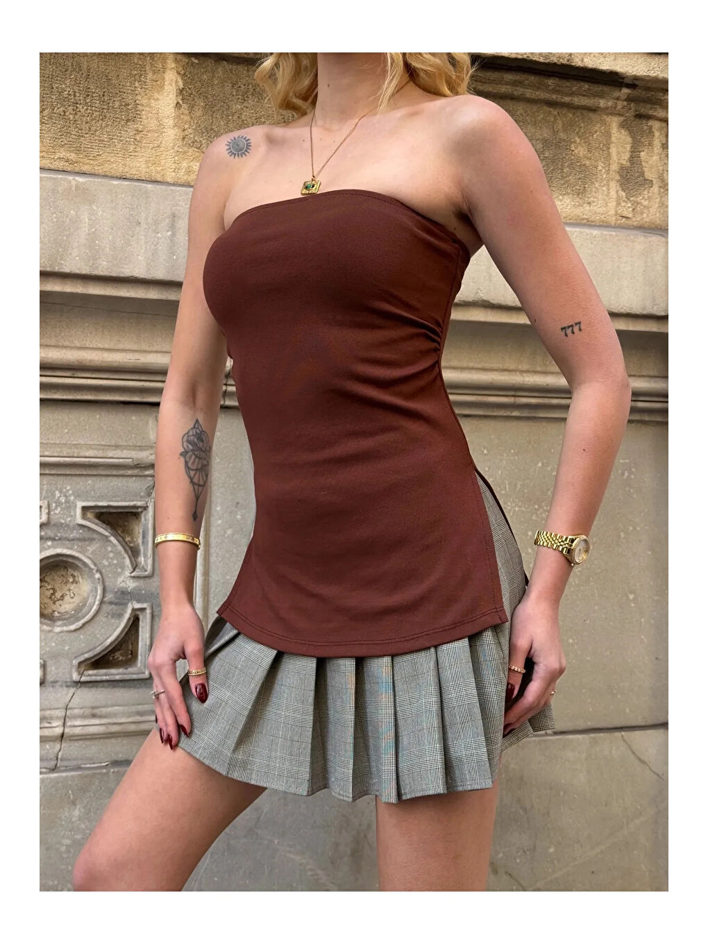 Kadın Kahverengi Yanı Büzgülü Çift Yırtmaçlı Straplez Bluz HZL24S-ZK13091-1