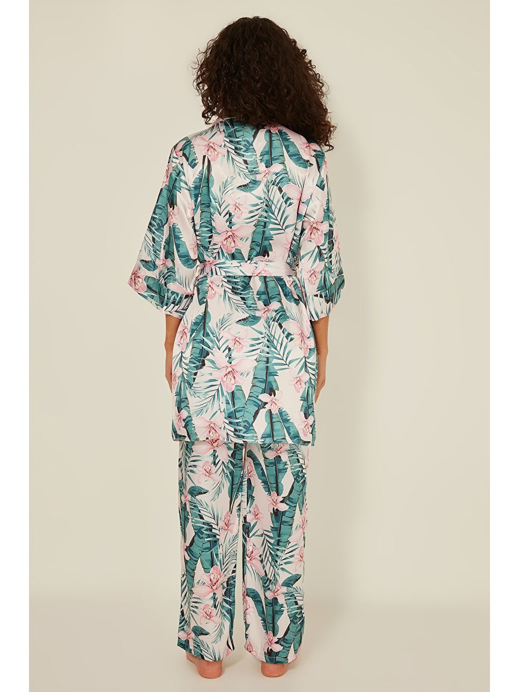 Lila 045 Kadın Desenli 3 Lü Saten Pijama Takım Ekru/Yeşil-5