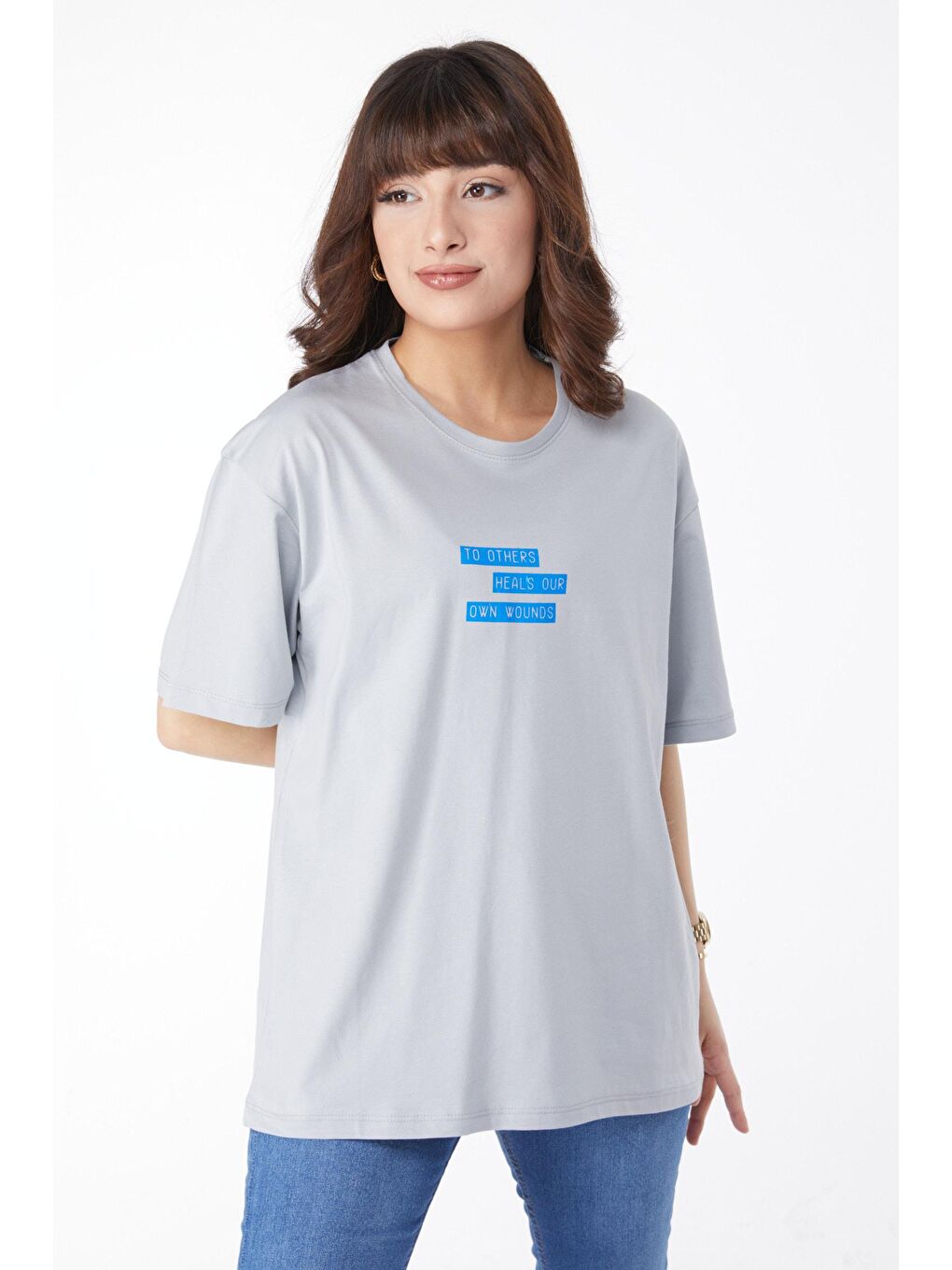 TOFİSA Gri Düz Bisiklet Yaka Kadın Gri Baskılı T-shirt - 25172 - 1