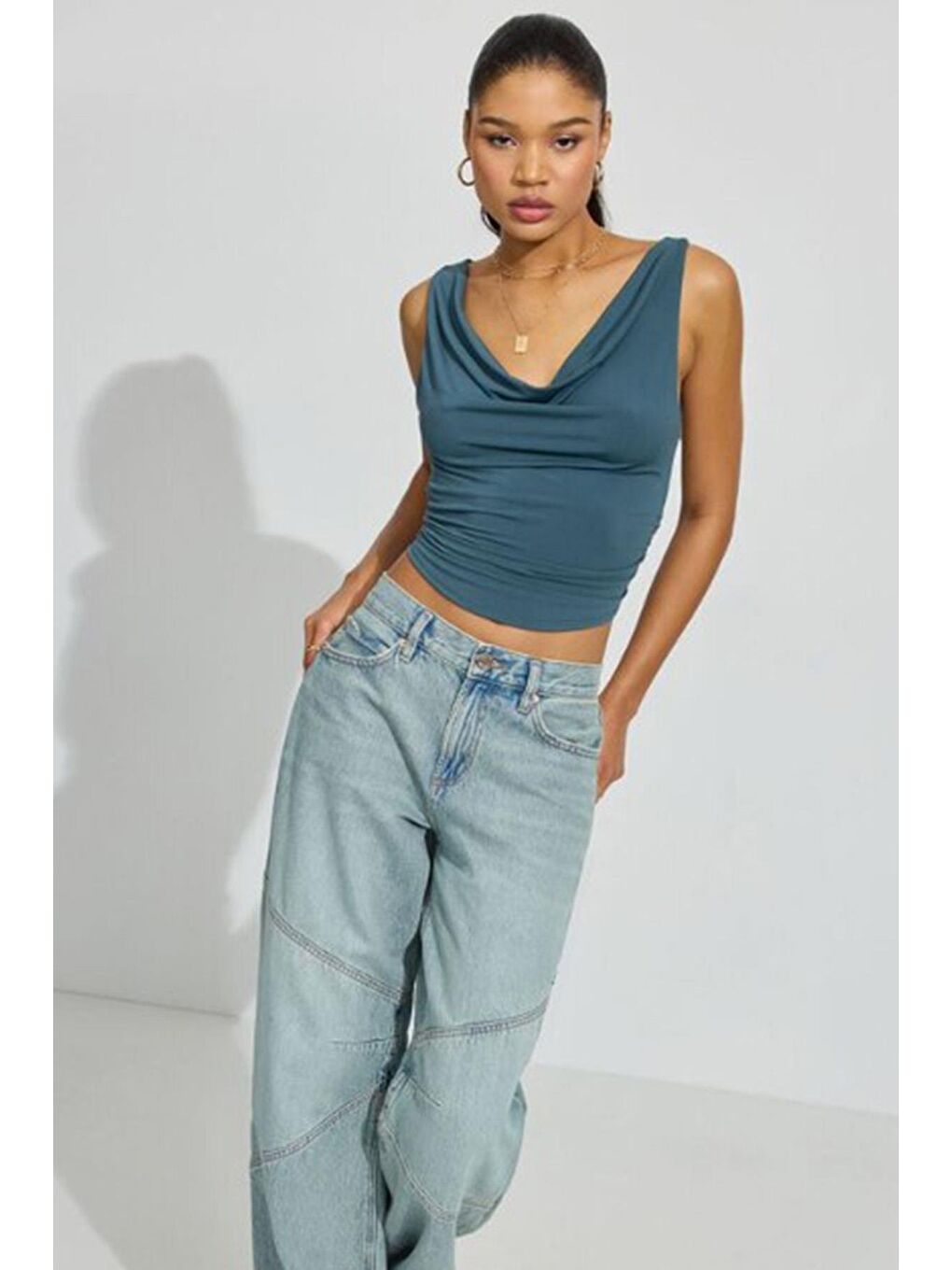 Petrol Mavisi Degaje Yaka Kadın Body Mg2282-1