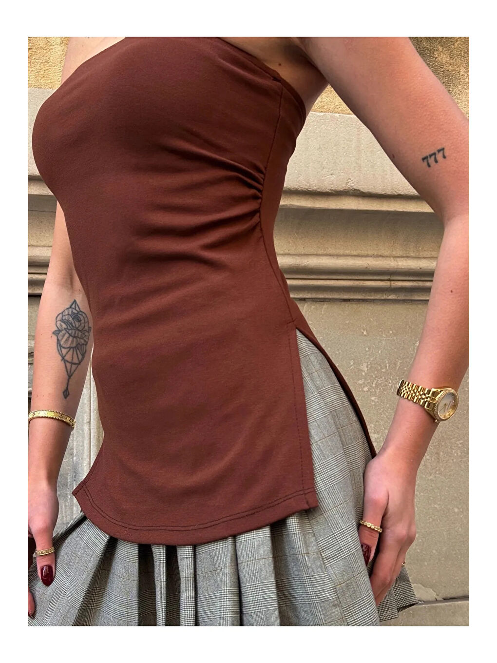 Kadın Kahverengi Yanı Büzgülü Çift Yırtmaçlı Straplez Bluz HZL24S-ZK13091-2