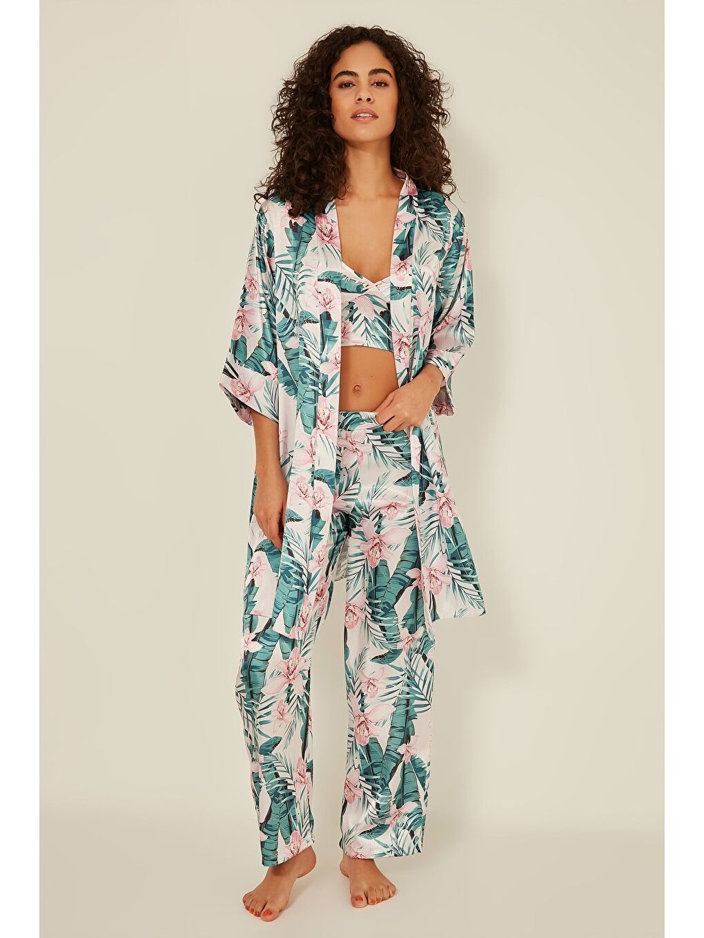 Lila 045 Kadın Desenli 3 Lü Saten Pijama Takım Ekru/Yeşil-8