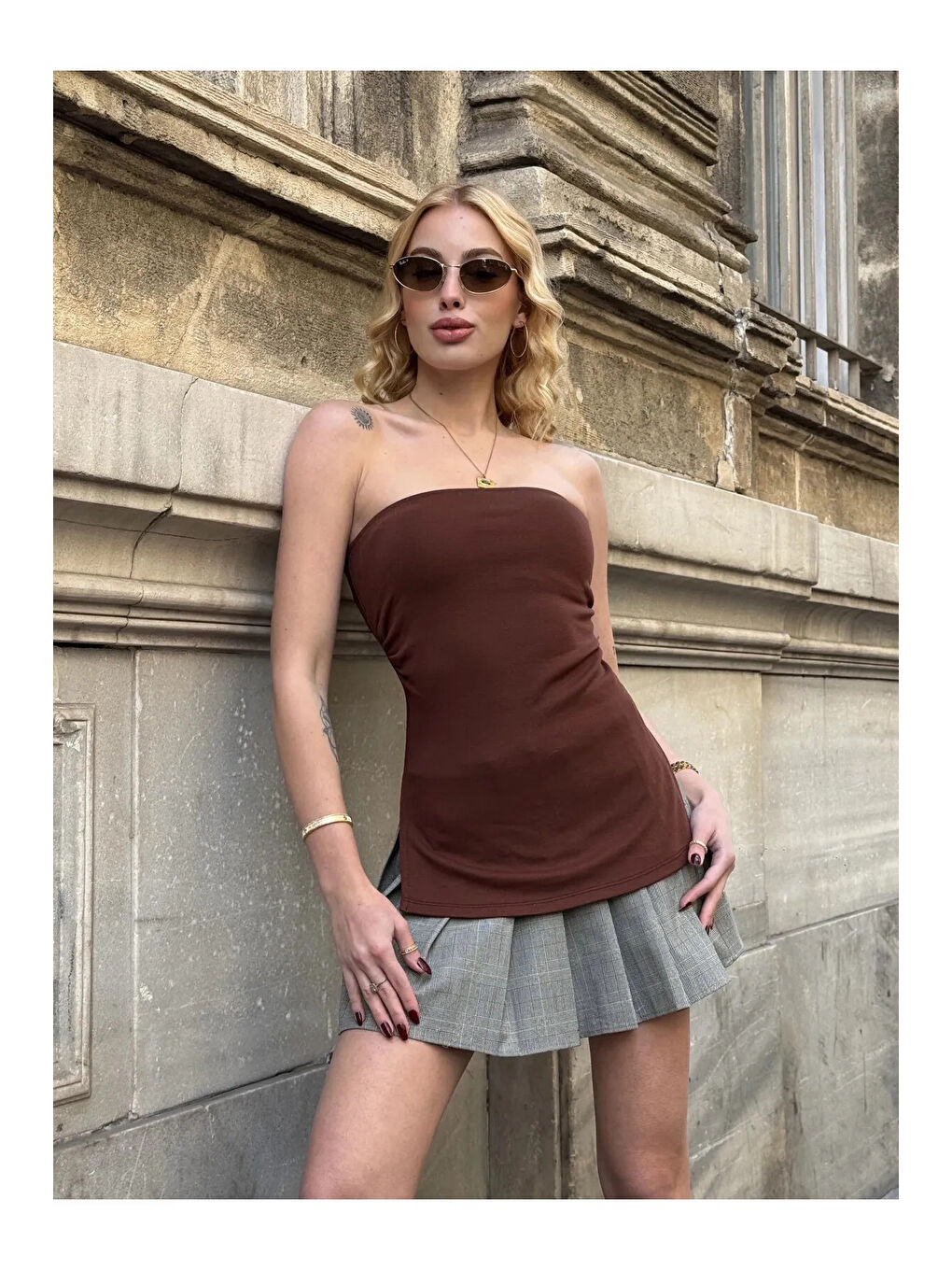 Kadın Kahverengi Yanı Büzgülü Çift Yırtmaçlı Straplez Bluz HZL24S-ZK13091-3