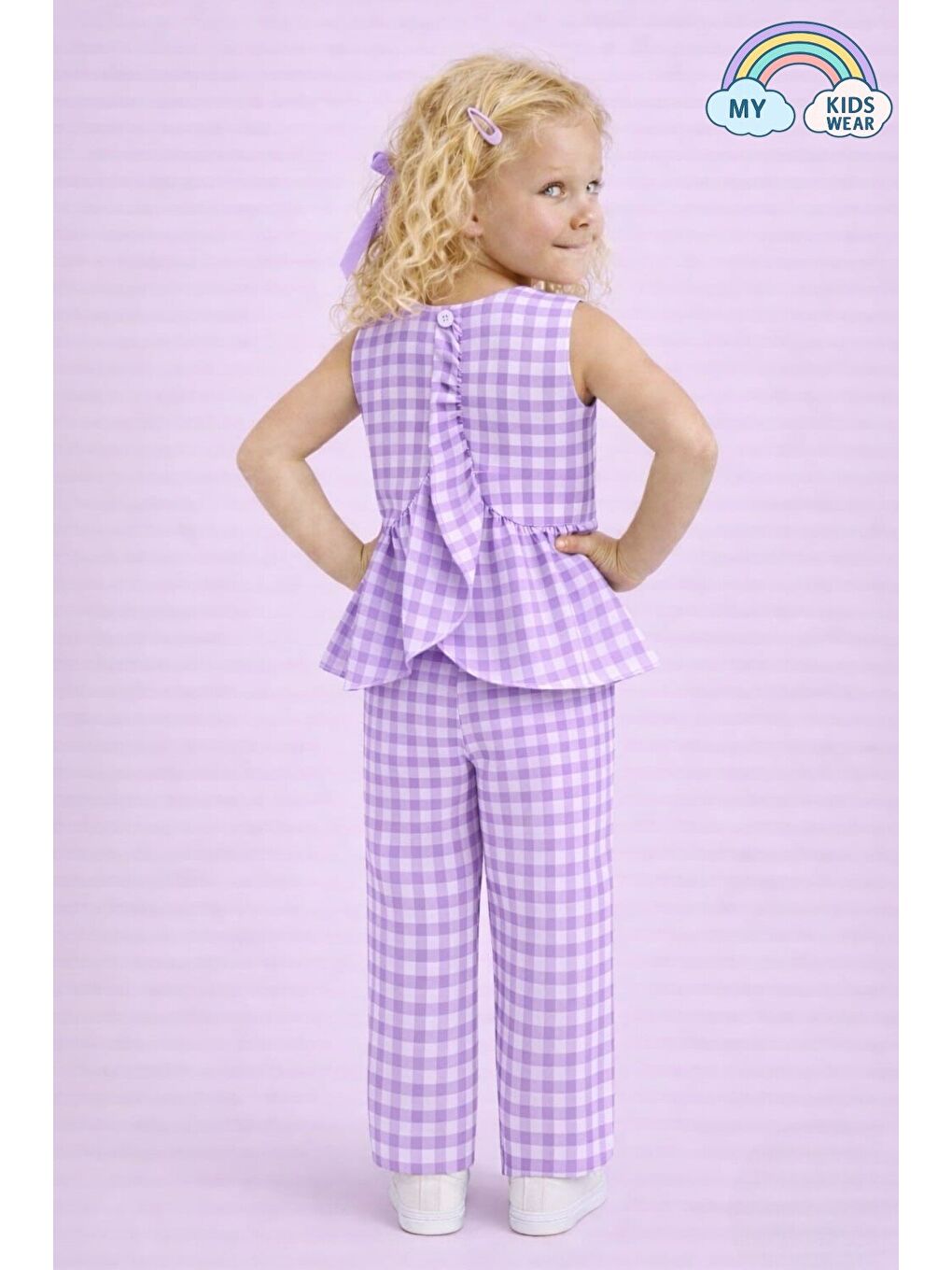 Lila Kız Çocuk Pötikareli Peplum Bluz ve Pantolon Takımı 12694-1