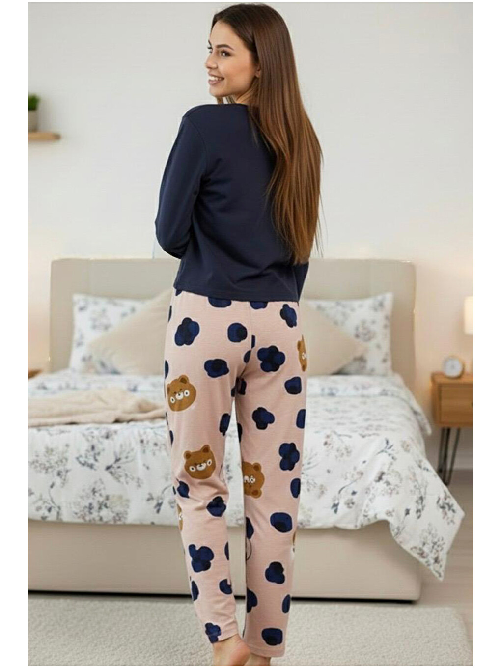 Kahverengi Somon Kahve Ayıcık Desenli Pamuklu Örme Pijama Takım 7974-1