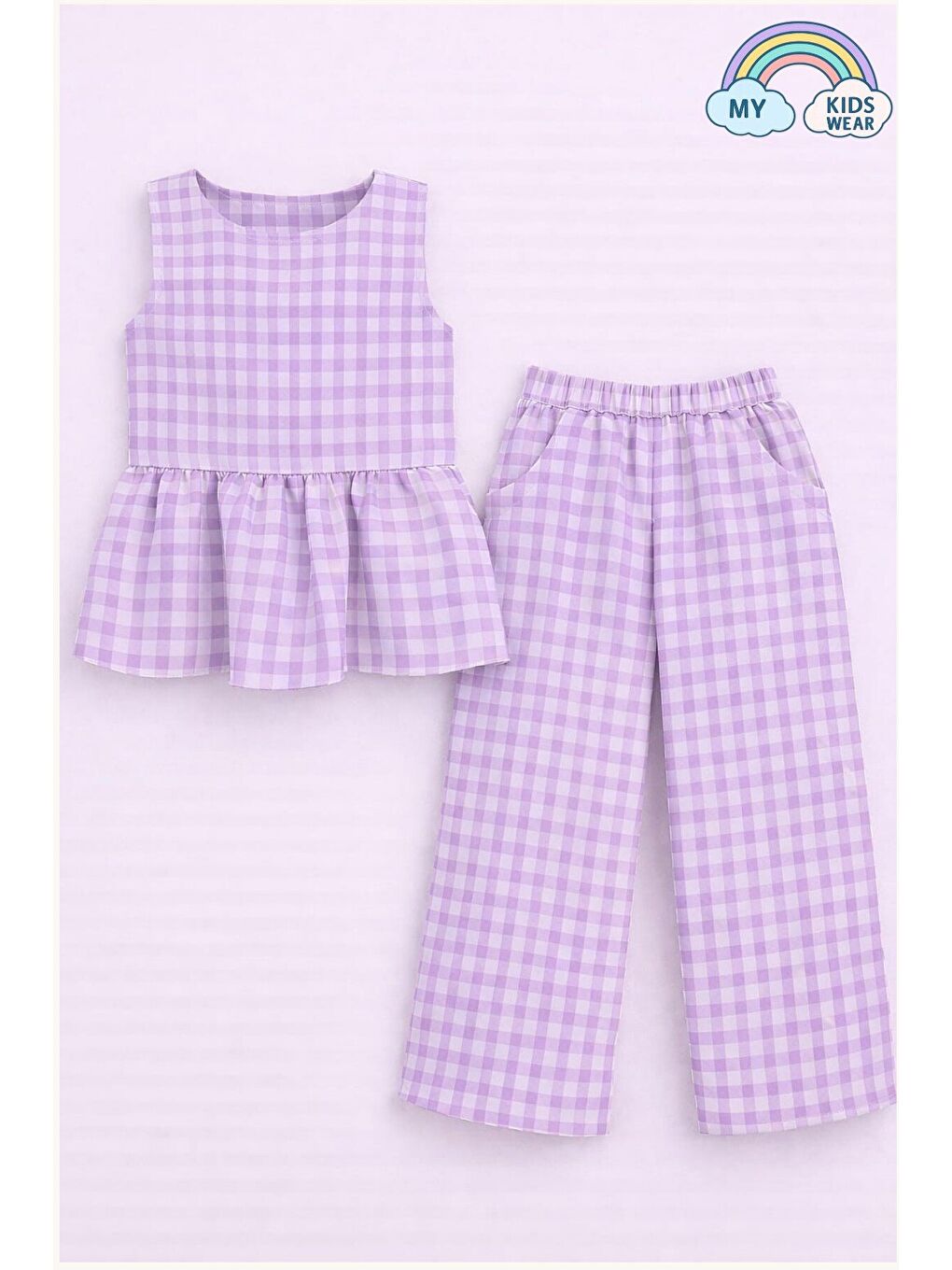 Lila Kız Çocuk Pötikareli Peplum Bluz ve Pantolon Takımı 12694-2