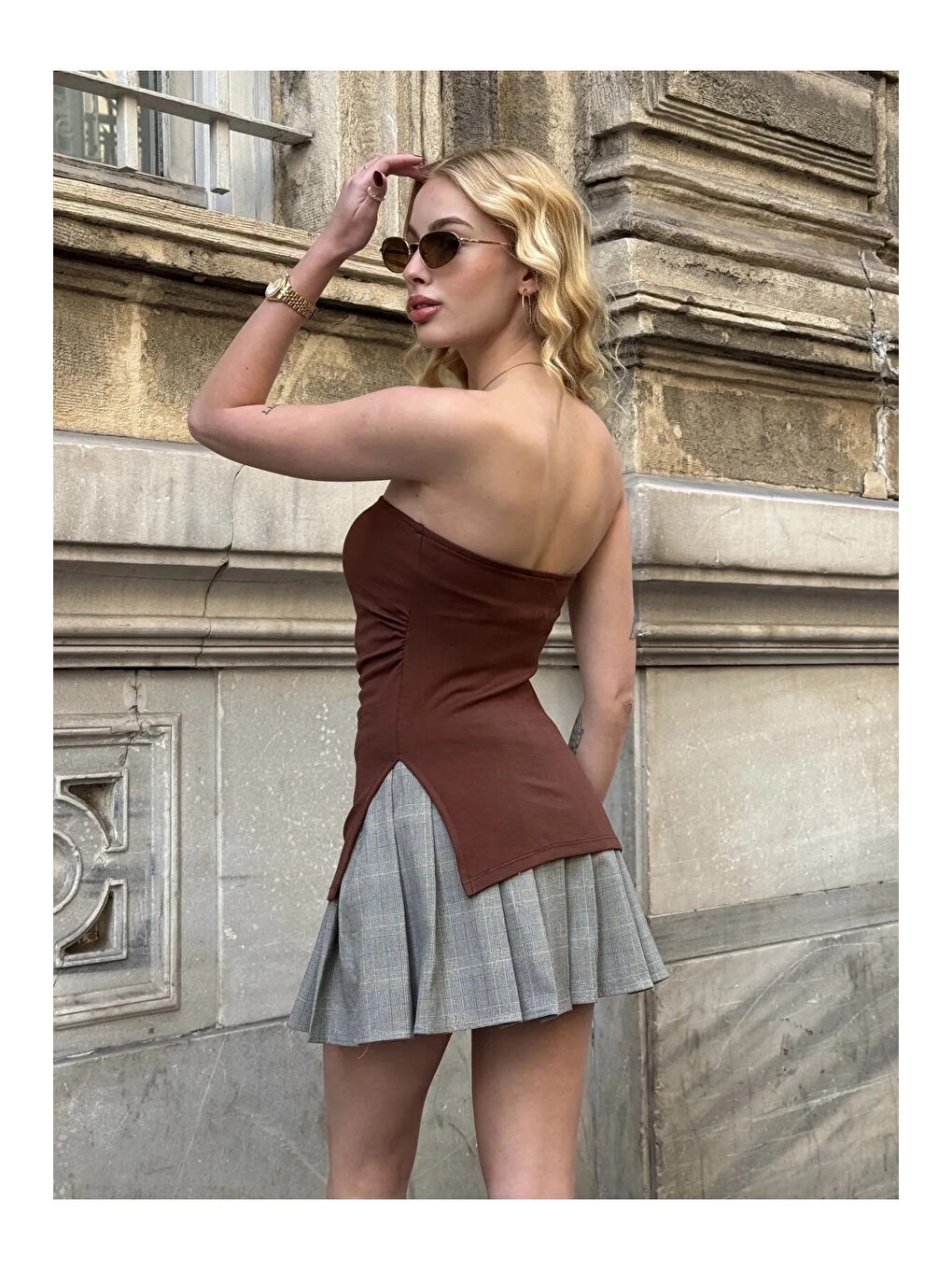 Kadın Kahverengi Yanı Büzgülü Çift Yırtmaçlı Straplez Bluz HZL24S-ZK13091-4