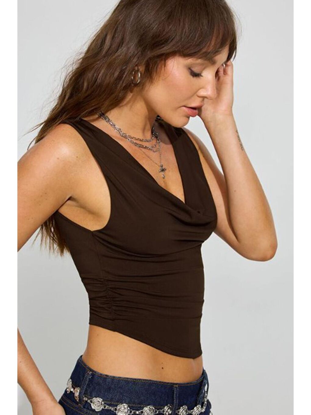 Kahverengi Degaje Yaka Kadın Body Mg2282-1