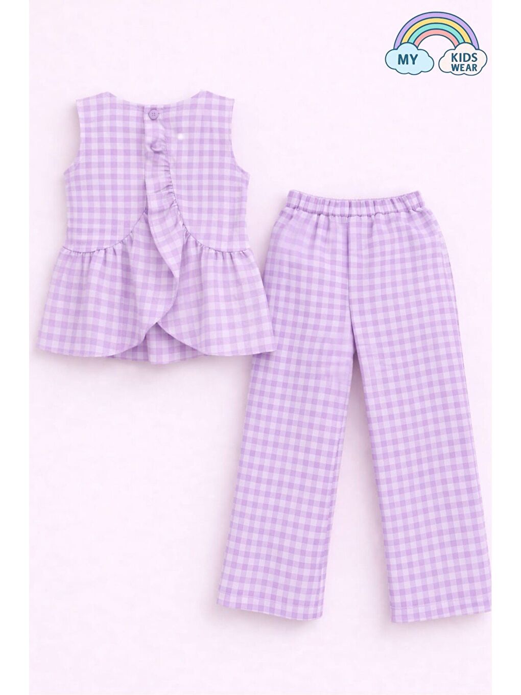 Lila Kız Çocuk Pötikareli Peplum Bluz ve Pantolon Takımı 12694-3