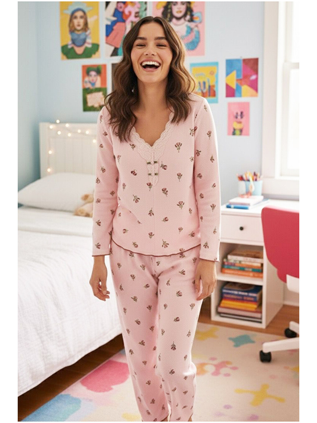 Pembe Çiçek Desenli Dantelli Bürümcük-krınkıl Uzun Kollu Pijama Takım-1