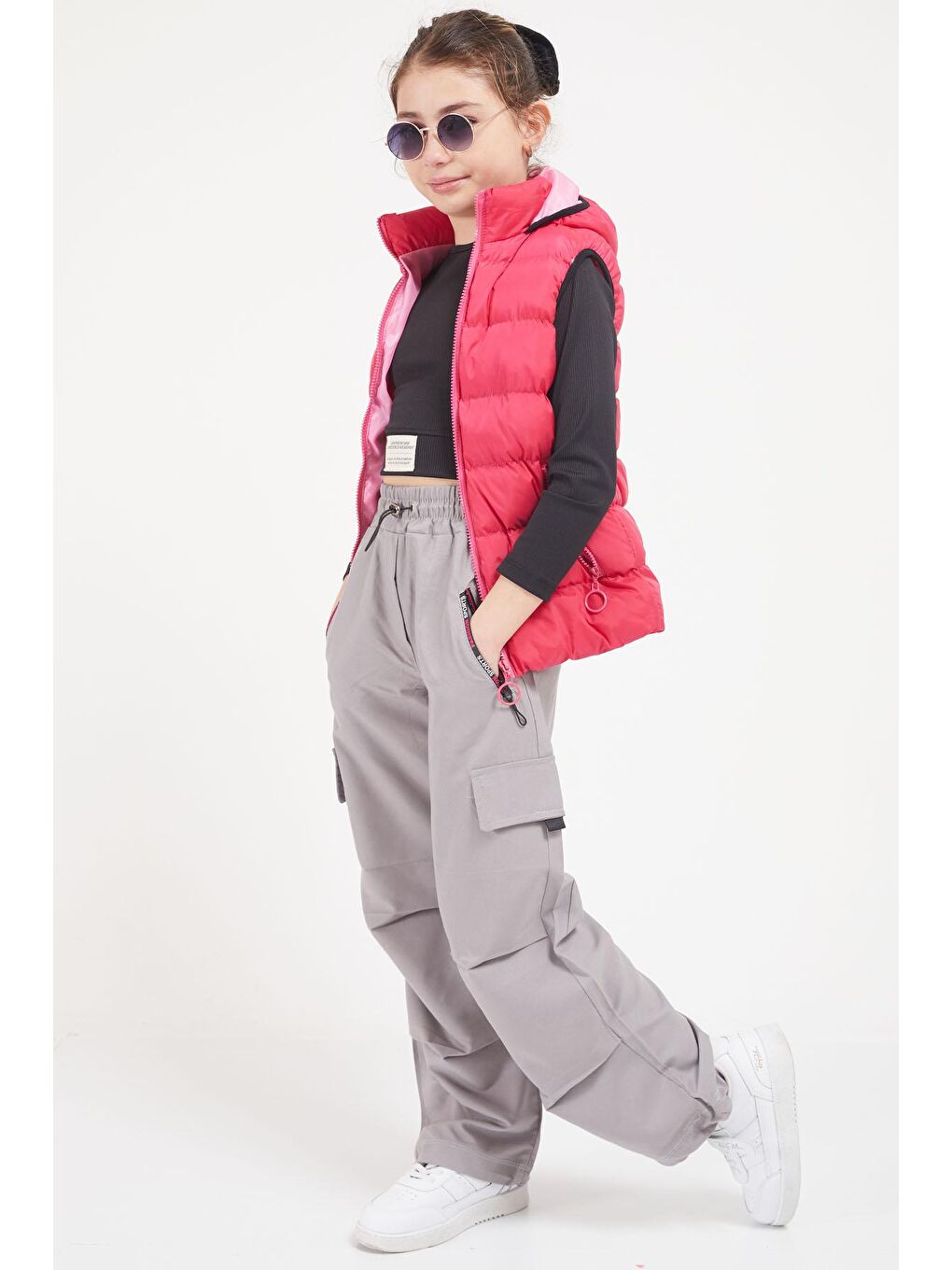 Gri Şeritli Fermuarlı Kargo Cepli Kız Paraşüt Pantolon 17617