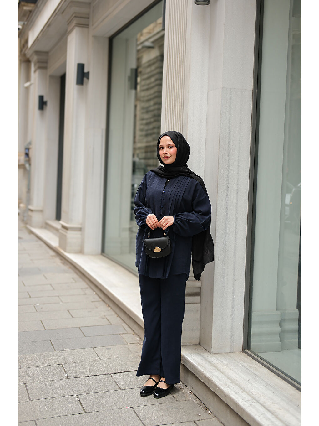 Kadın Süs Dikişli Büzgülü Takım Lacivert-1