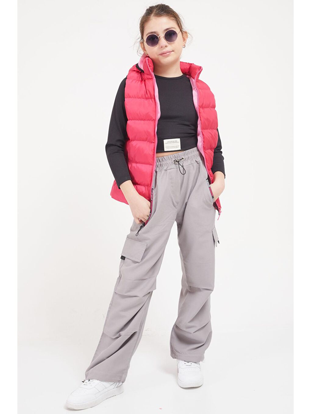 Gri Şeritli Fermuarlı Kargo Cepli Kız Paraşüt Pantolon 17617-1